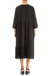 Pin Tucks Frayed Hem Black Linen Dress 3