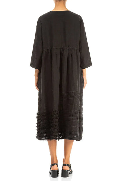 Pin Tucks Frayed Hem Black Linen Dress 3