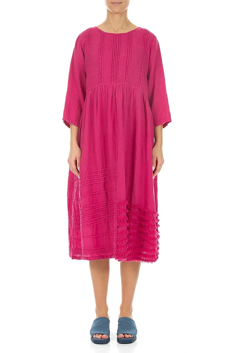 Pin Tucks Frayed Hem Fuchsia Linen Dress 1