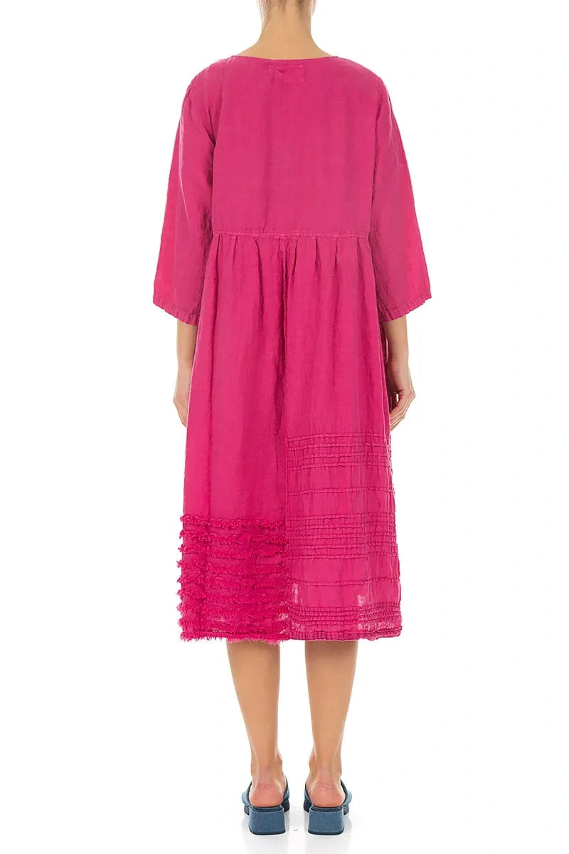 Pin Tucks Frayed Hem Fuchsia Linen Dress 2