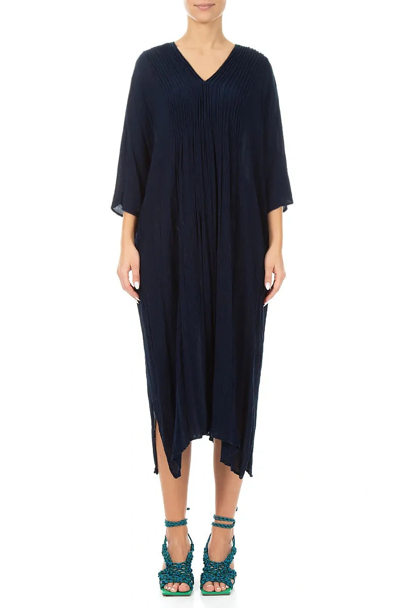 Pin Tucks Navy Silk Viscose Dress 1
