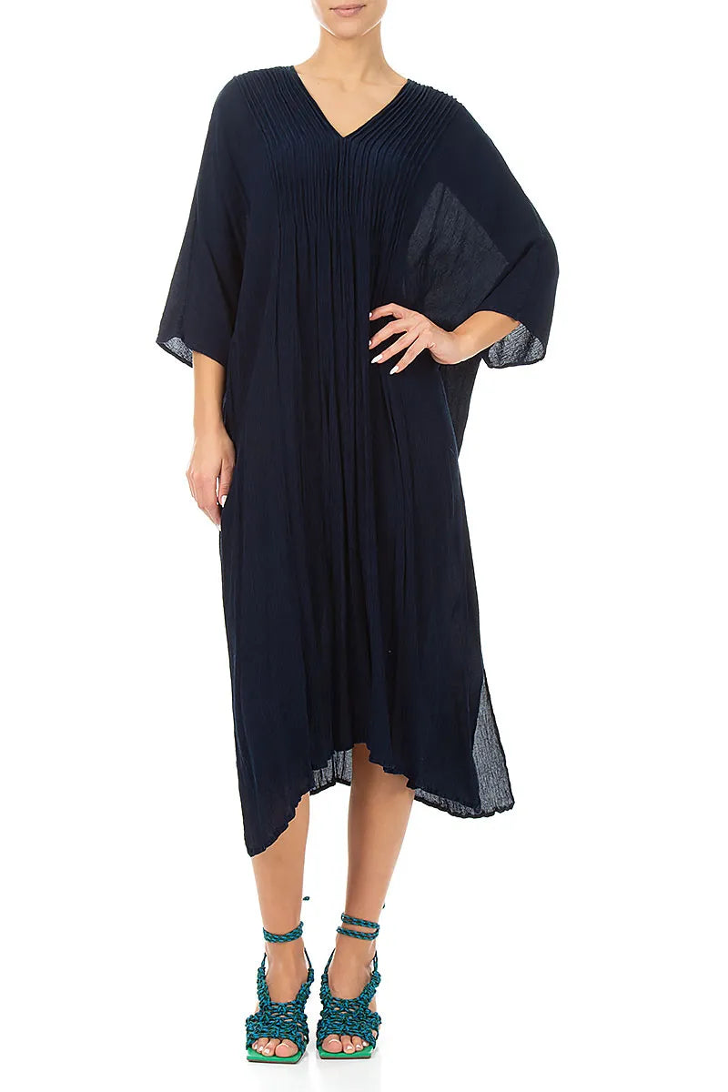 Pin Tucks Navy Silk Viscose Dress 4