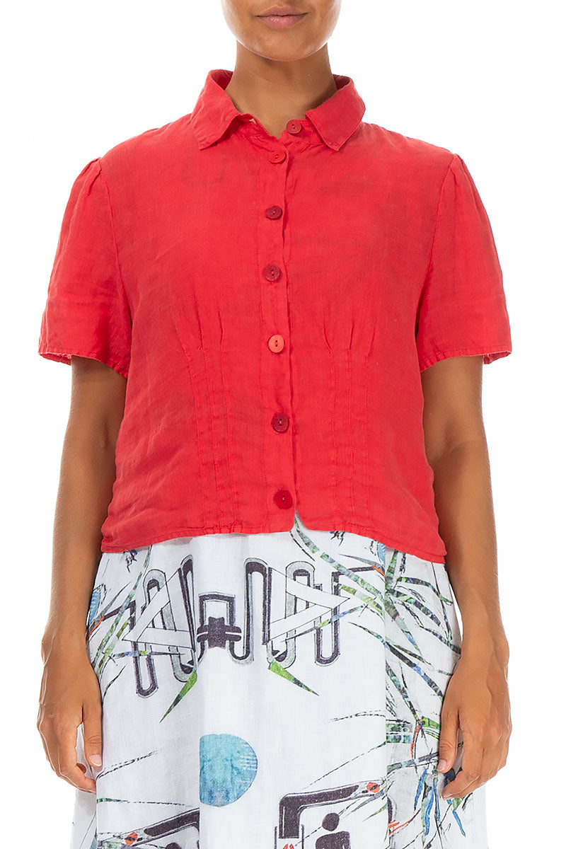 Pin Tucks Poppy Red Linen Shirt 1