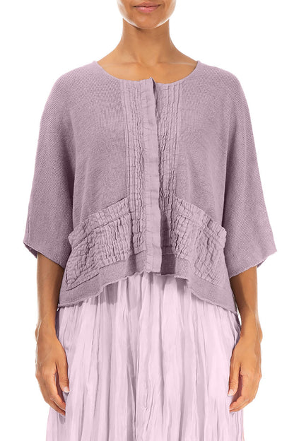 Fliederfarbene Leinenstrickjacke mit Biesen auf der Vorderseite