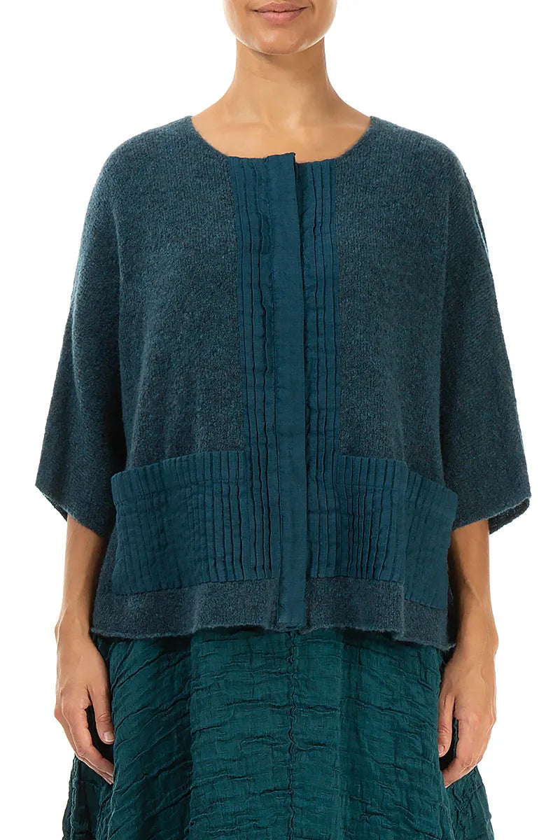 Pintuck Front Teal Wool Cardigan 2