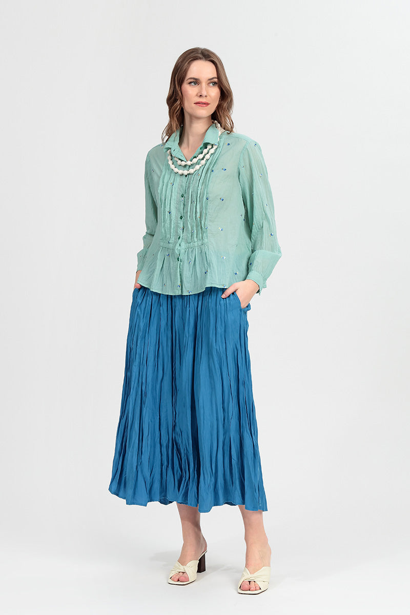Pintucks Mint Embroidered Petals Cotton Shirt 7