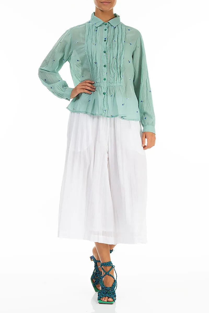 Pintucks Mint Embroidered Petals Cotton Shirt 4