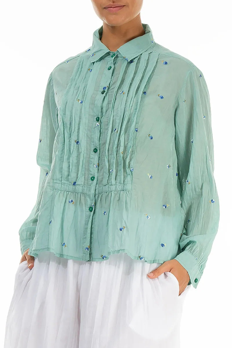 Pintucks Mint Embroidered Petals Cotton Shirt 3