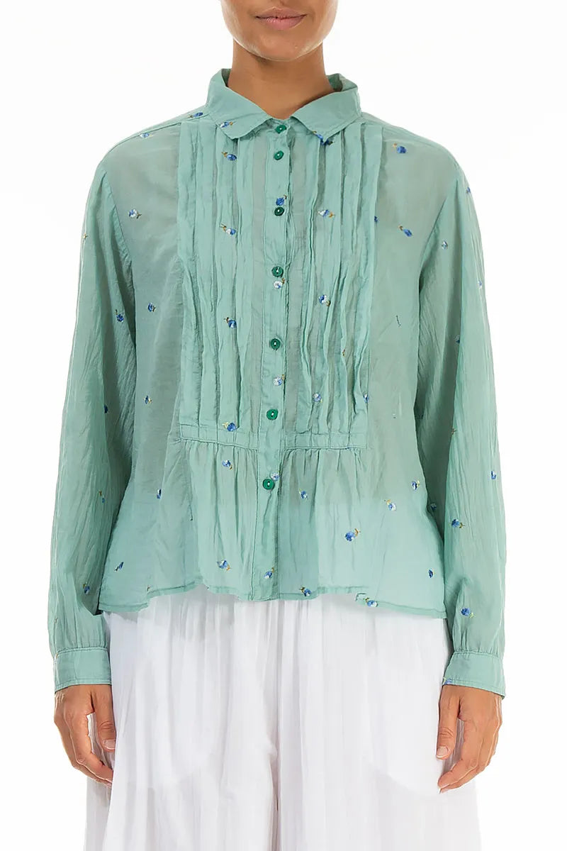 Pintucks Mint Embroidered Petals Cotton Shirt 1