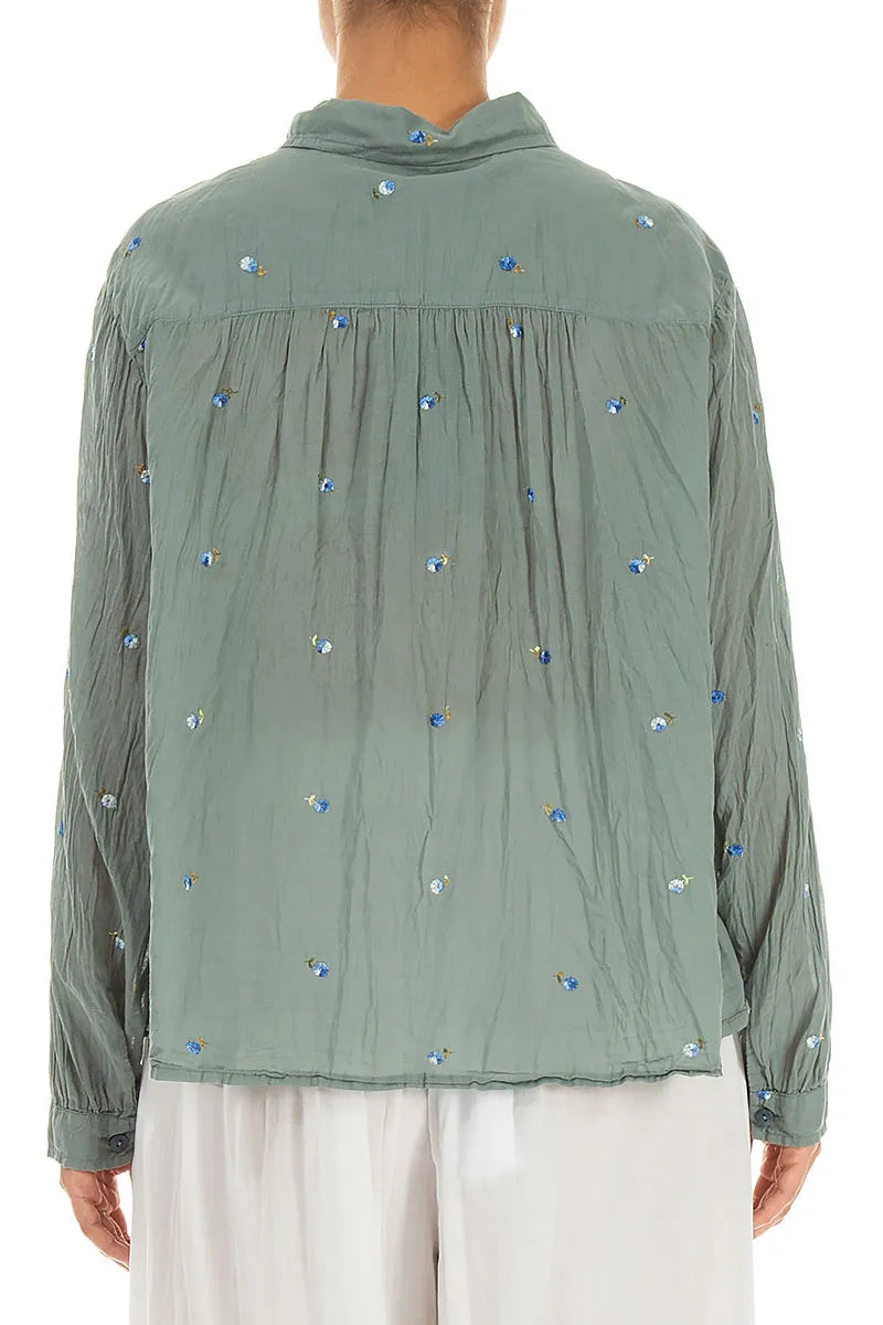 Pintucks Sage Embroidered Petals Cotton Shirt 2