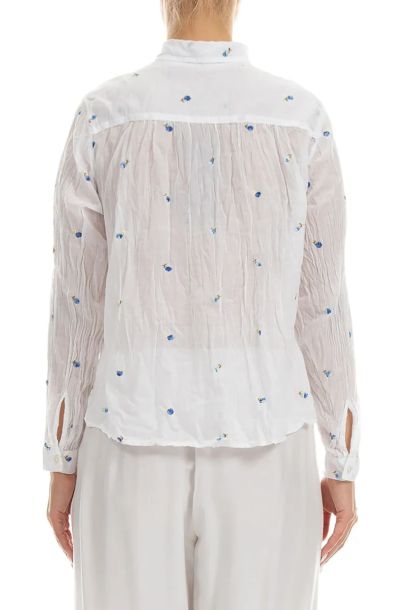 Pintucks White Embroidered Petals Cotton Shirt 2