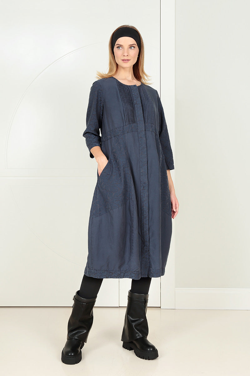 Pleated Front Slate Blue Silk Cotton Dress 5