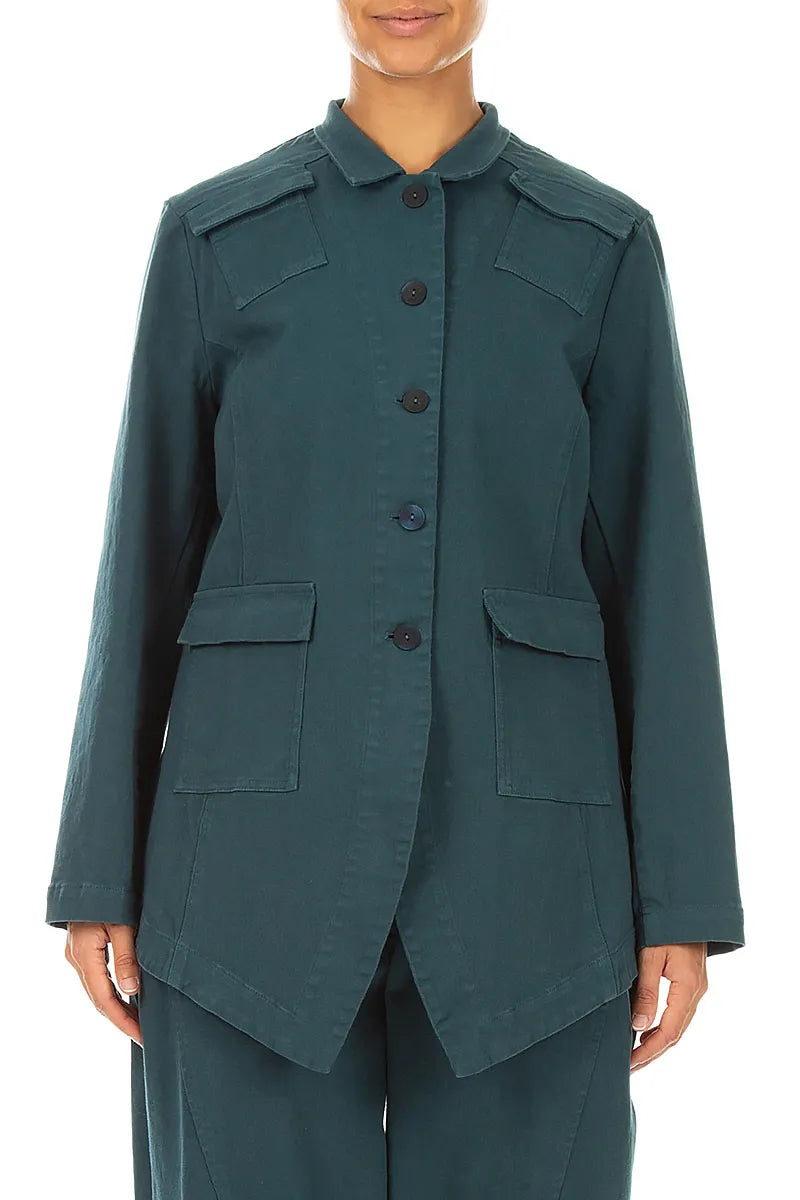 Pointed Hem Deep Turquoise Denim Cotton Jacket 1