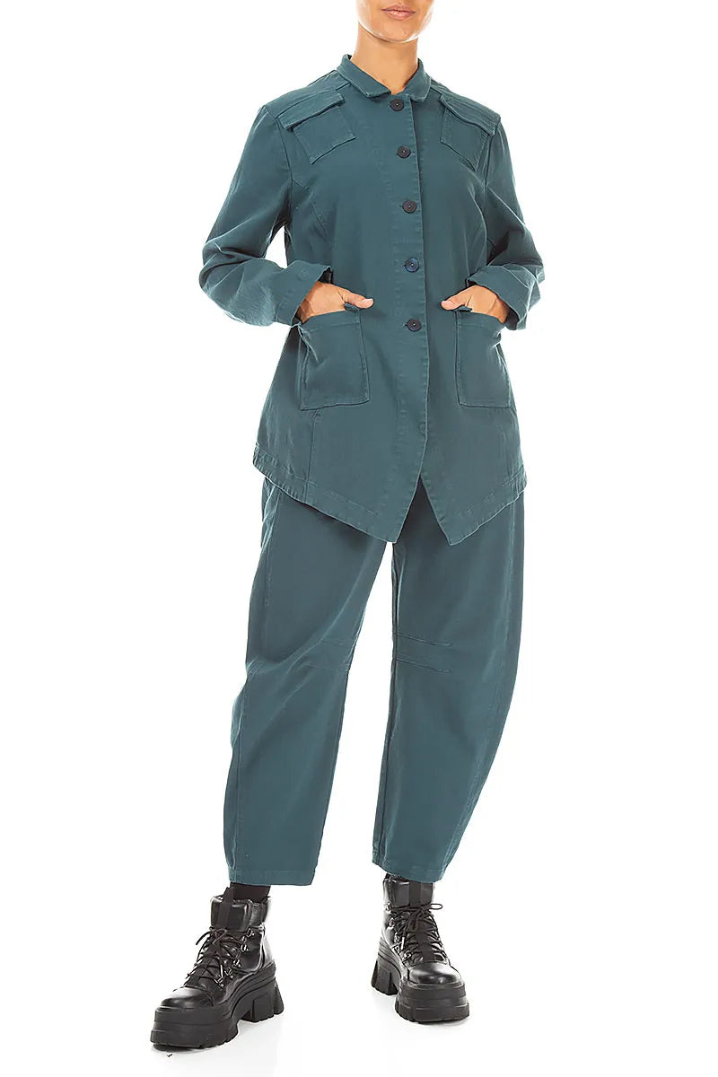Pointed Hem Deep Turquoise Denim Cotton Jacket