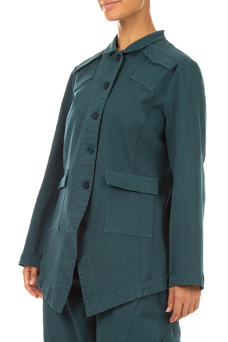 Pointed Hem Deep Turquoise Denim Cotton Jacket 3
