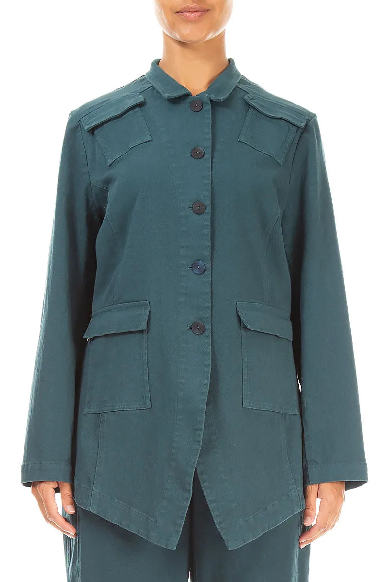 Pointed Hem Deep Turquoise Denim Cotton Jacket