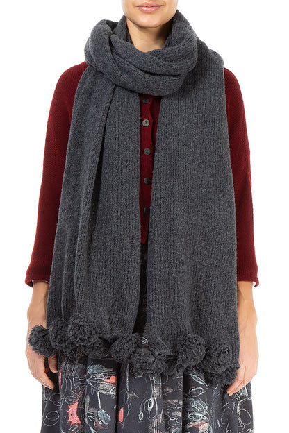 Pom-Pom Edge Dark Grey Wool Scarf 2