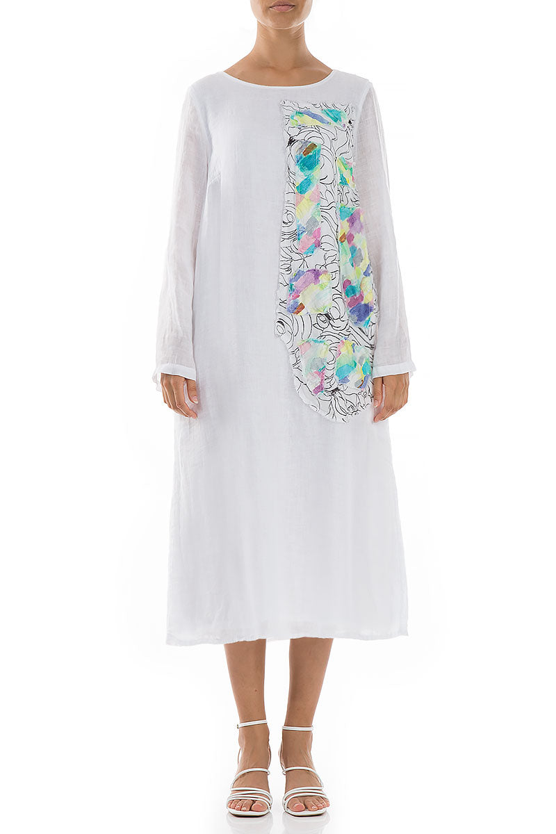 Printed Side Layered White Gauze Linen Dress 1