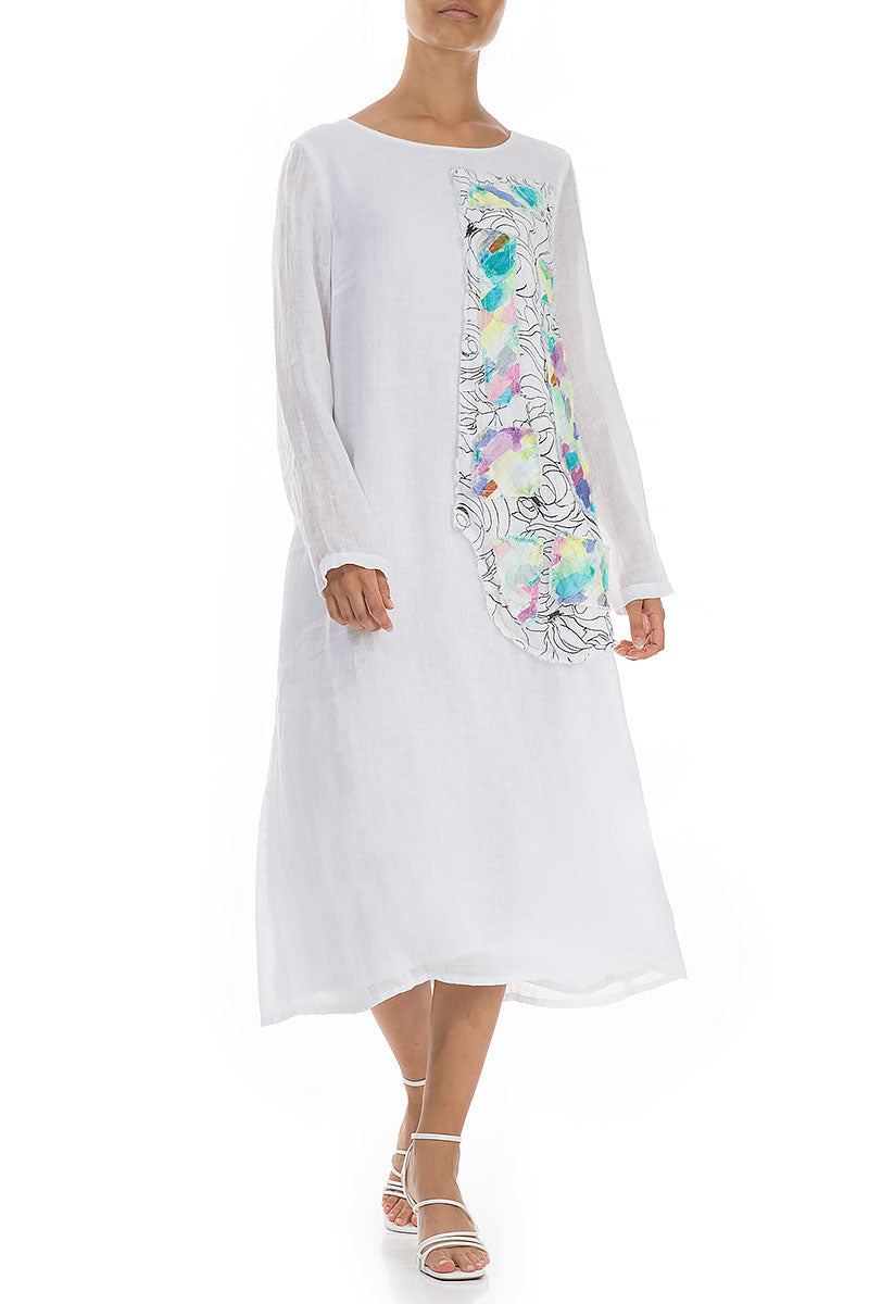 Printed Side Layered White Gauze Linen Dress 4
