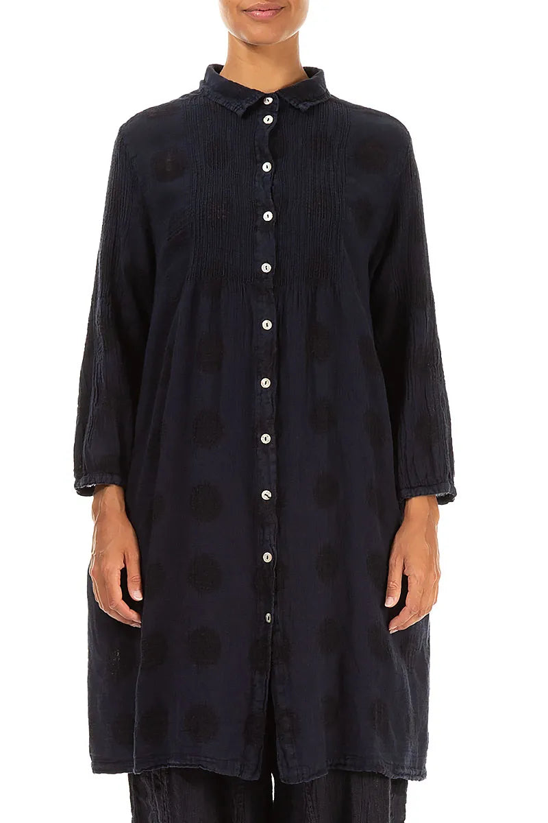 Puff Sleeves Bubble Pattern Slate Blue Linen Shirt - Jacket 1