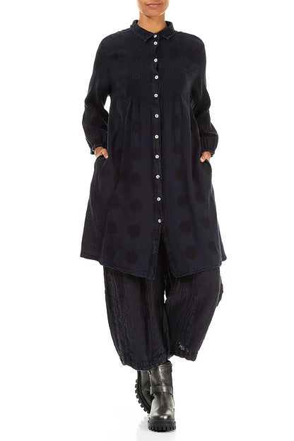 Puff Sleeves Bubble Pattern Slate Blue Linen Shirt - Jacket 4