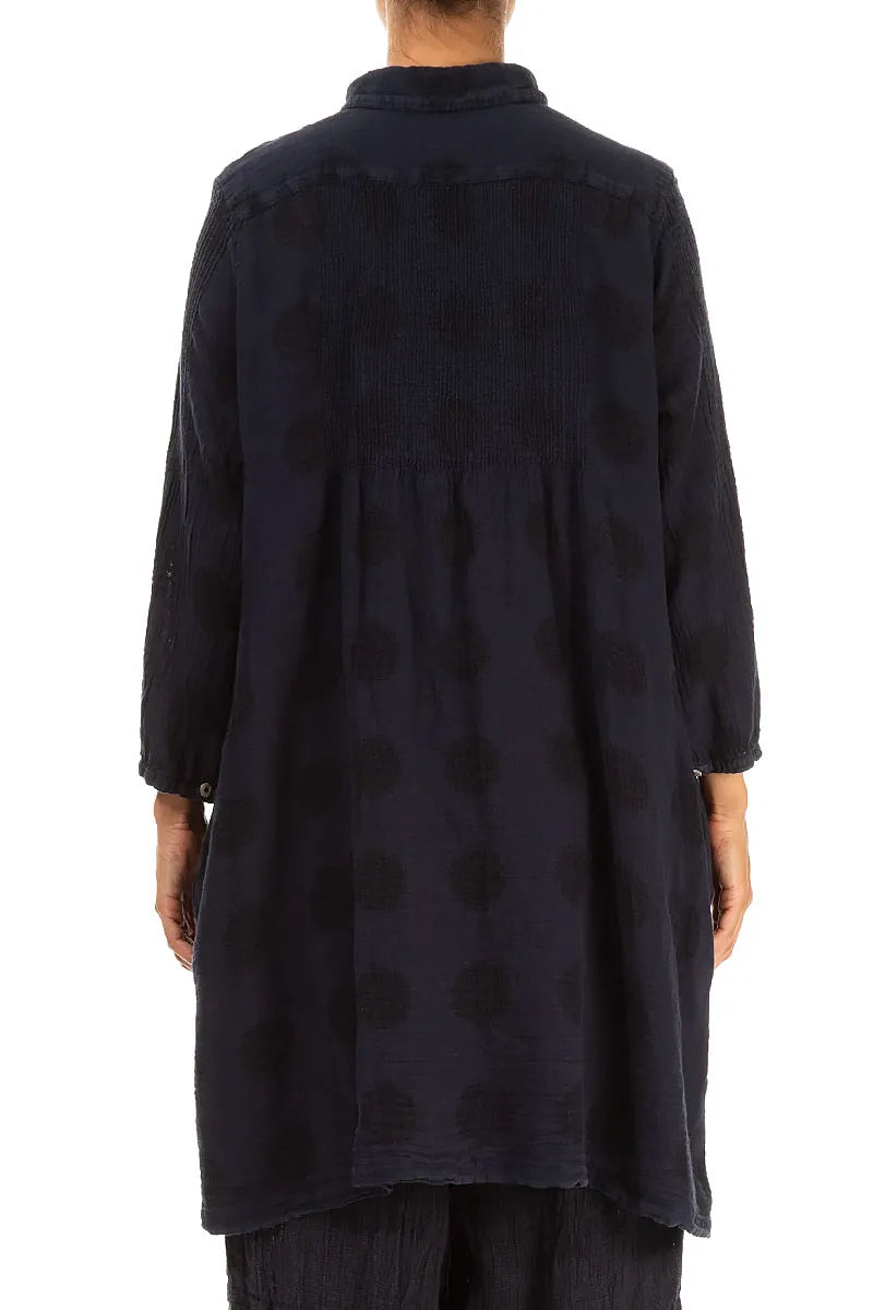 Puff Sleeves Bubble Pattern Slate Blue Linen Shirt - Jacket 2