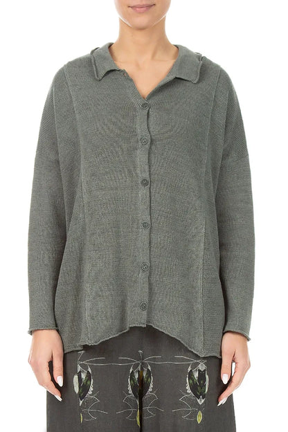 Raw Collar Grey Sage Linen Cardigan 1