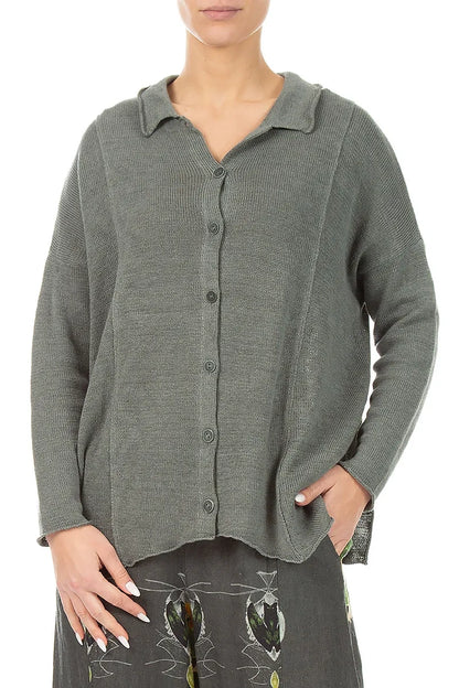 Raw Collar Grey Sage Linen Cardigan 4