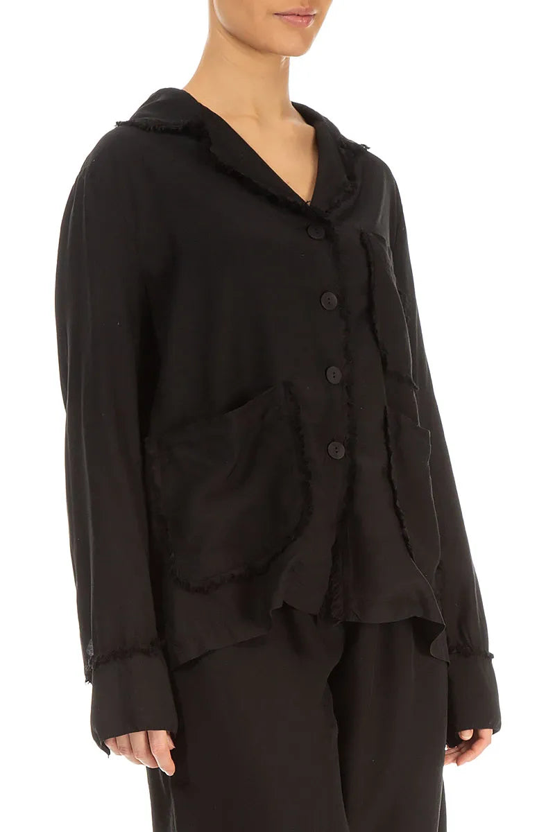 Raw Edge Three Pockets Black Silk Bamboo Jacket