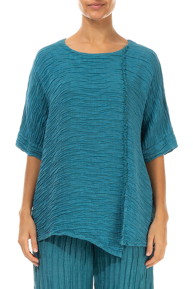 Raw Seam Crinkled Turquoise Silk Blouse 1