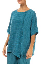 Raw Seam Crinkled Turquoise Silk Blouse 3