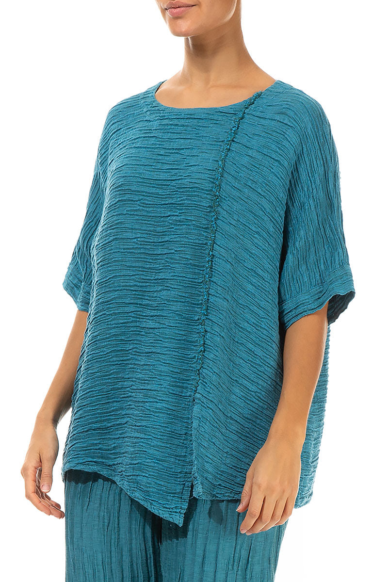 Raw Seam Crinkled Turquoise Silk Blouse 3