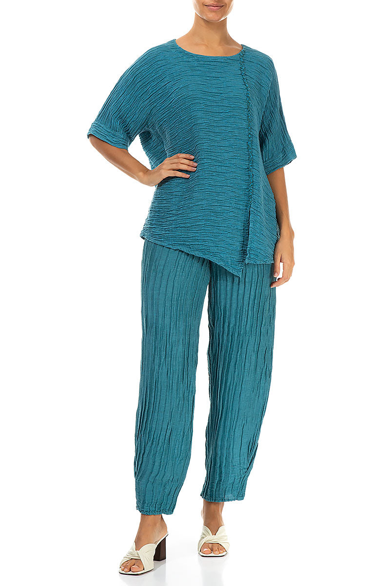 Raw Seam Crinkled Turquoise Silk Blouse 4