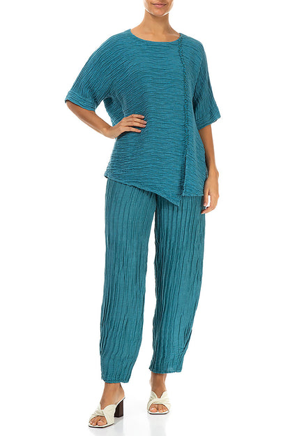 Raw Seam Crinkled Turquoise Silk Blouse 4