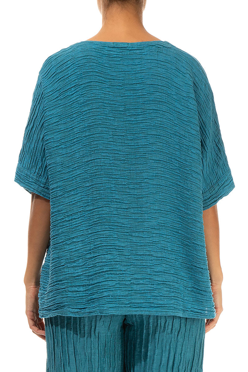Raw Seam Crinkled Turquoise Silk Blouse 2