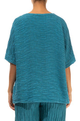 Raw Seam Crinkled Turquoise Silk Blouse 2