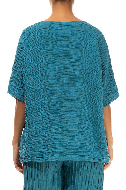 Raw Seam Crinkled Turquoise Silk Blouse 2