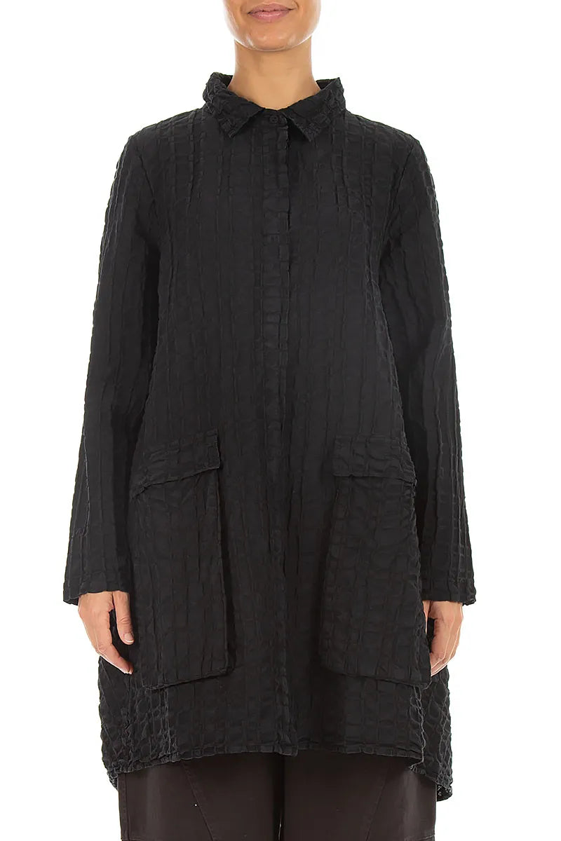 Relaxed Black Checkered Linen Cotton Jacket