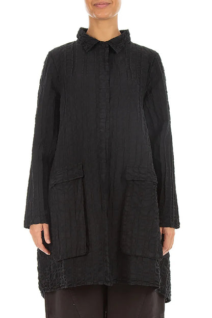 Relaxed Black Checkered Linen Cotton Jacket