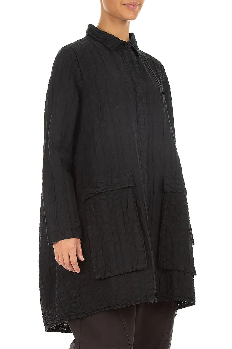 Relaxed Black Checkered Linen Cotton Jacket