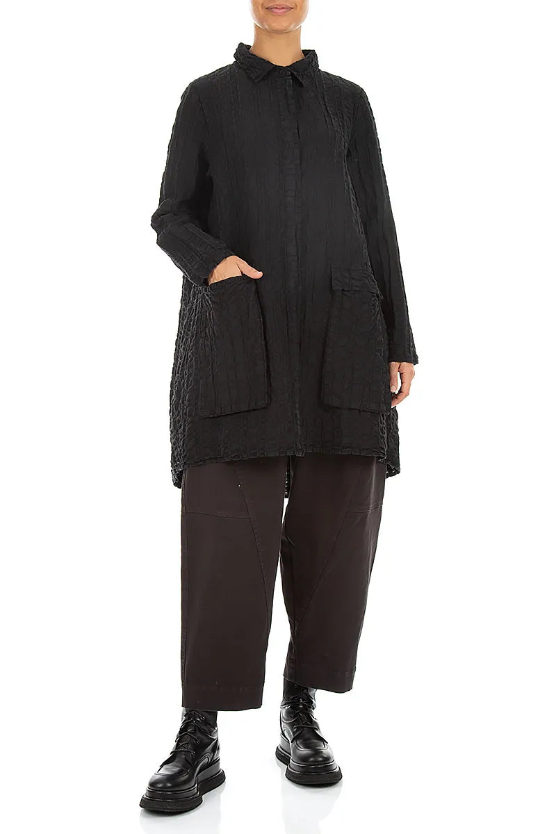 Relaxed Black Checkered Linen Cotton Jacket