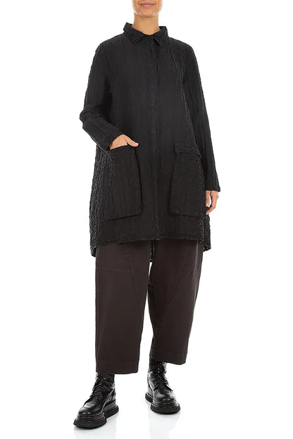 Relaxed Black Checkered Linen Cotton Jacket