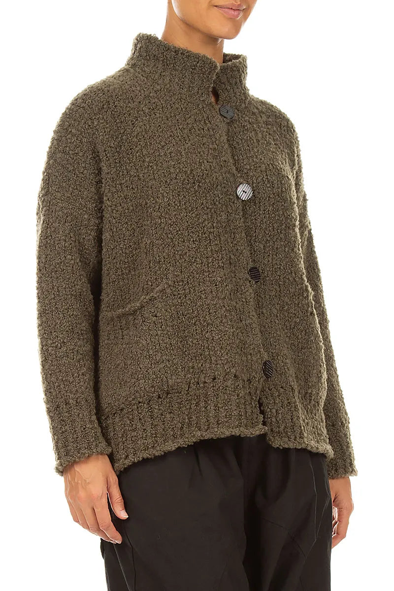 Relaxed Buttoned Moss Brown Alpaca Wool Cardigan 3