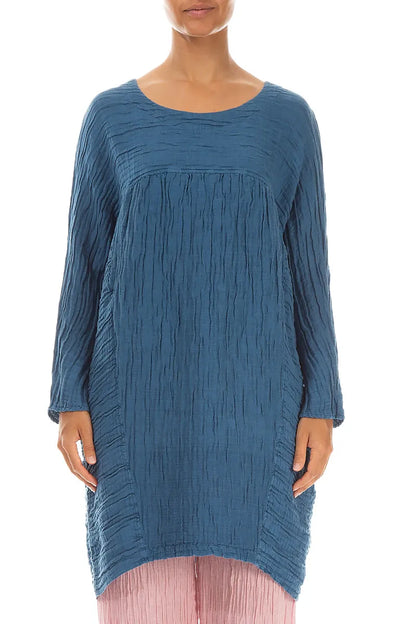 Legere geknitterte Tunika aus Denim-Blau Seide-Leinen-Mix