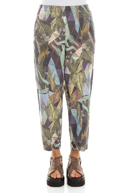 Pantalon en lin coupe décontractée fuselée motif mosaïque