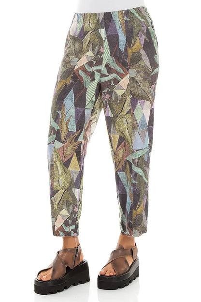 Pantalon en lin coupe décontractée fuselée motif mosaïque