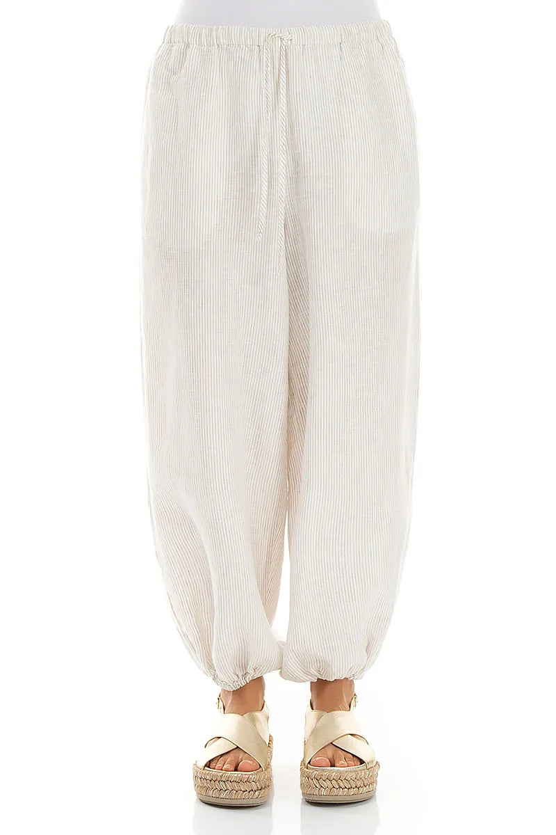 Relaxed Tapered Natural Striped Linen Trousers
