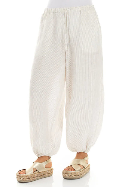 Relaxed Tapered Natural Striped Linen Trousers
