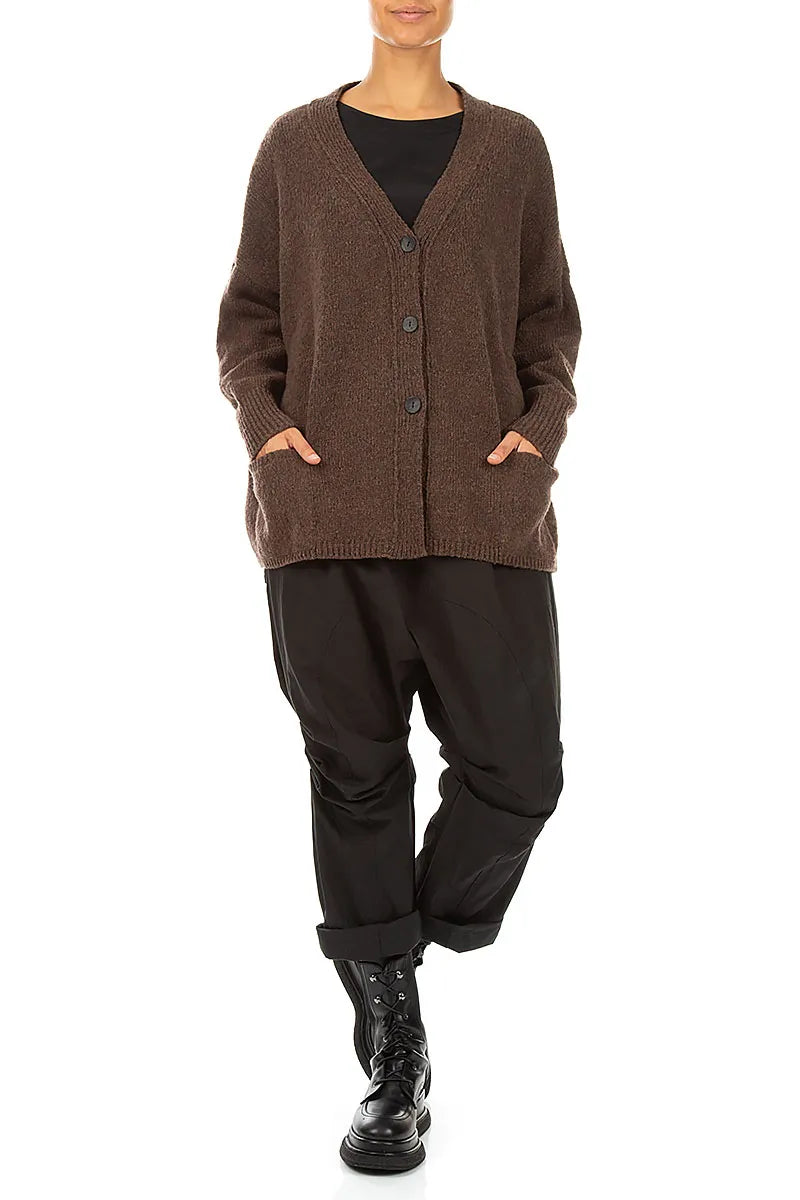 Relaxed V-Neck Brown Wool Cardigan 4