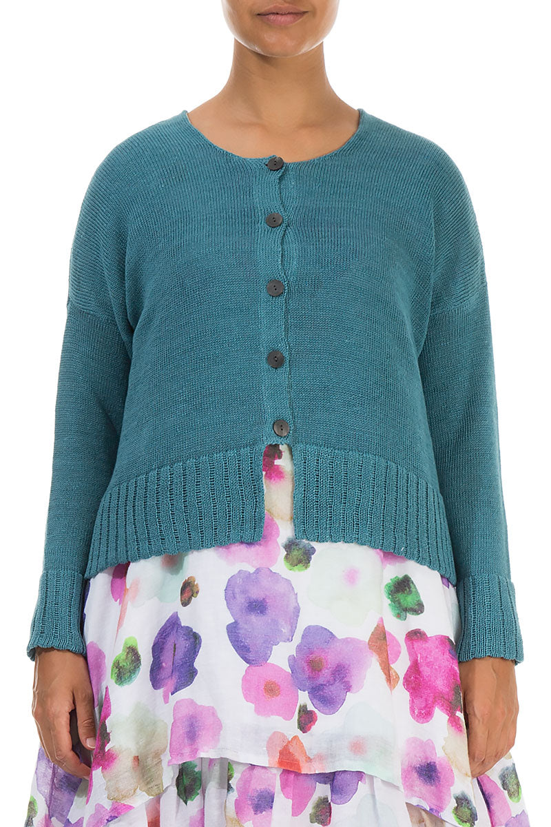 Ribbed Hem Teal Linen Cardigan 1